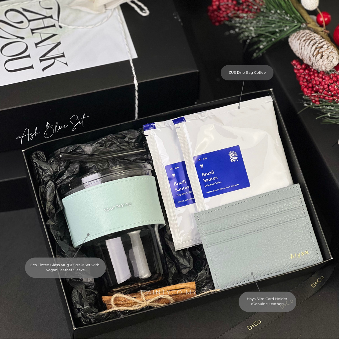 [Coffee and Carry] Personalised Glass Mug, Card Holder & Coffee 4pc Gift Set