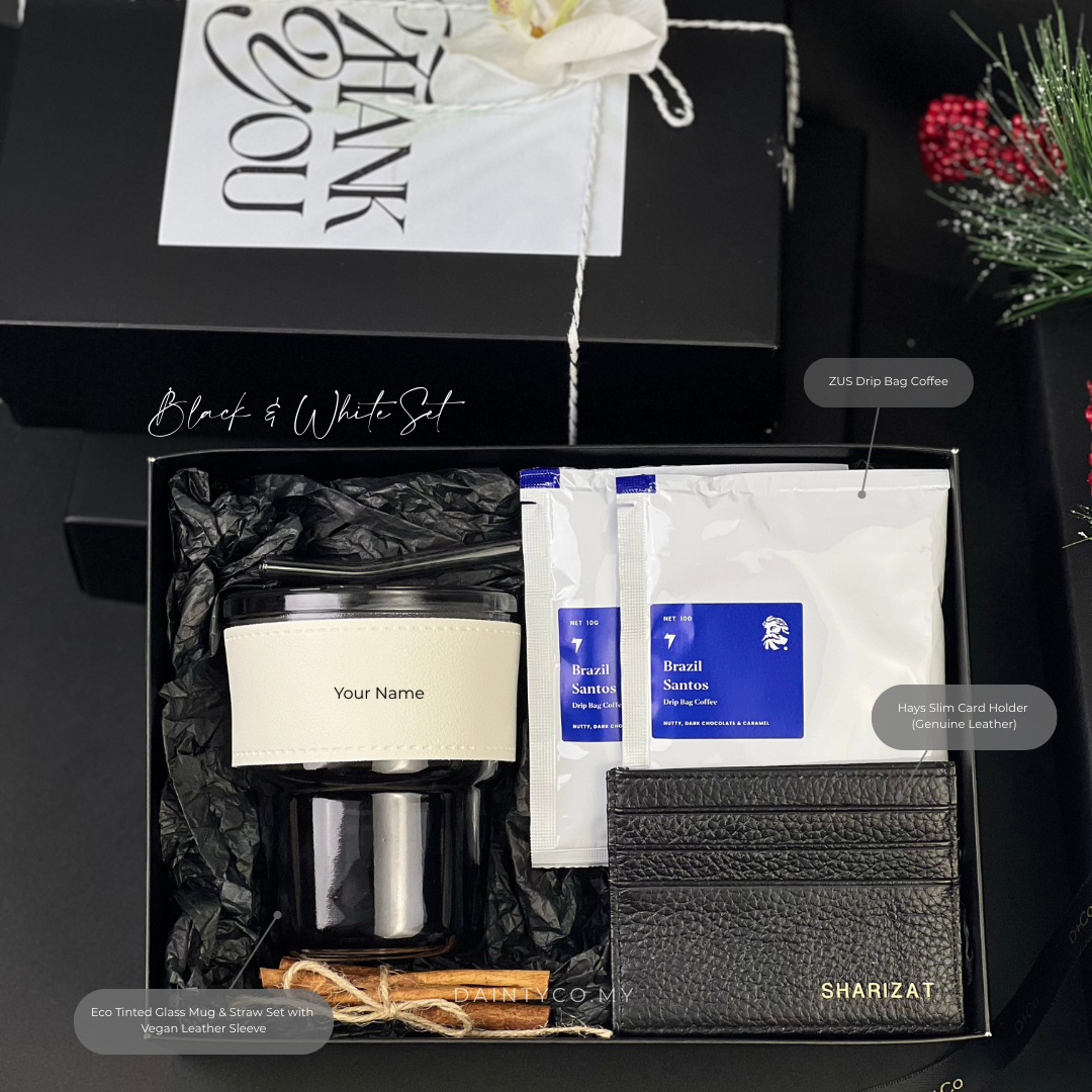 [Coffee and Carry] Personalised Glass Mug, Card Holder & Coffee 4pc Gift Set